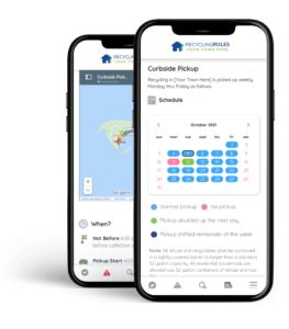 iPhone mock-up of the curbside pickup section of a town Recyling Rules website. Displaying a calendar with color coded days depicting pick-up times.