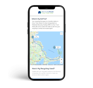 iPhone mock-up of the "Where's My Stuff Go?" section of a town Recyling Rules website. Displaying a map depicting where the trash goes and how it's used.