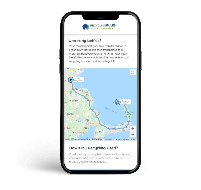 iPhone mock-up of the "Where's My Stuff Go?" section of a town Recyling Rules website. Displaying a map depicting where the trash goes and how it's used.