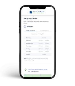iPhone mock-up of the recycling center section of a town Recyling Rules website. Displaying hours and address.