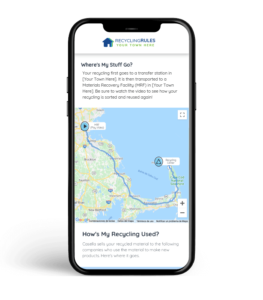 iPhone mock-up of the "Where's My Stuff Go?" section of a town Recyling Rules website. Displaying a map depicting where the trash goes and how it's used.