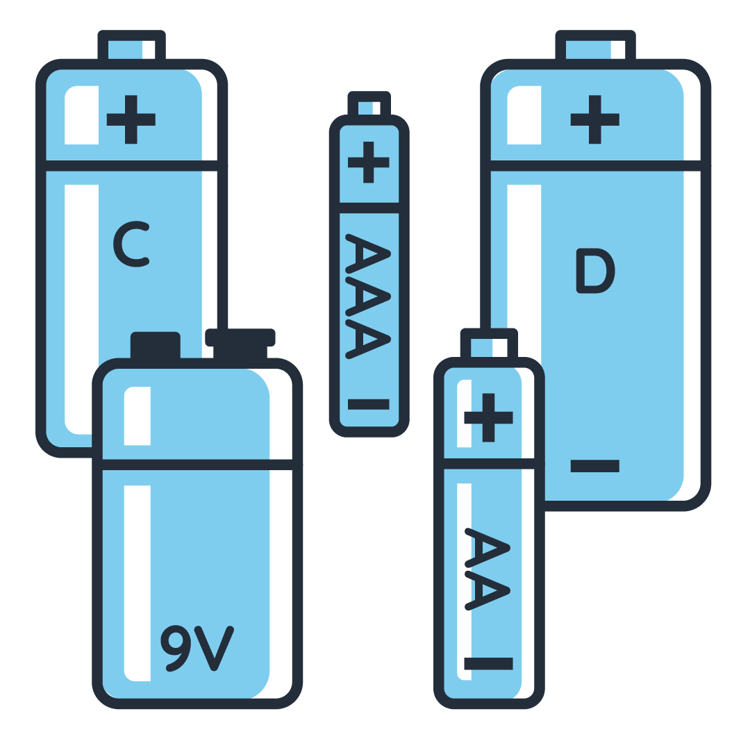 alkaline batteries (AA, AAA, C, D, 9V)